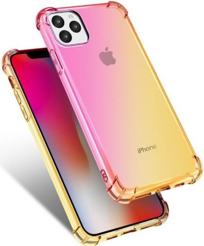 Apple iPhone 11 Pro Erősített sarkú szivárvány szilikon tok - Rózsaszín & Sárga