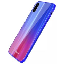   Baseus - iPhone X Laser Luster ultra vékony üveg hátlapú piros színátmenetes tok - kék kerettel