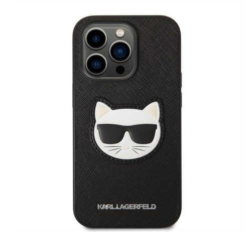 Karl Lagerfeld Choupette Head Saffiano bőr hátlap tok Apple iPhone 14 Pro Max, fekete