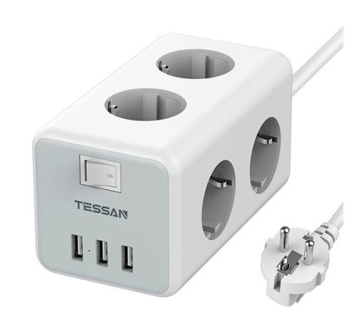 Tessan TS-306 hálozati elosztó 6 aljzat, 3xUSB, kapcsológombbal, 2m, fehér