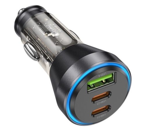 Hoco NZ12D autós töltő USB QC 18W + 2 x Type-C, 30W (PD60W) átlátszó / fekete