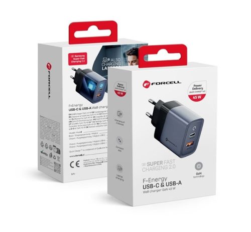 Forcell hálózati gyorstöltő, USB C + USB A - 4A 45W PD + Quick Charge 4.0 funkció