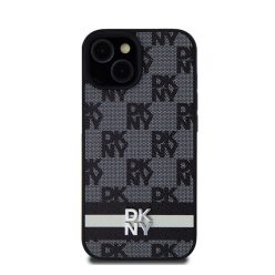   DKNY PU Leather Checkered Pattern and Stripe Apple iPhone 15 hátlap tok, fekete