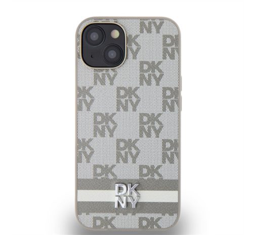 DKNY PU Leather Checkered Pattern and Stripe Apple iPhone 14 hátlap tok, bézs