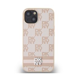   DKNY PU Leather Checkered Pattern and Stripe Apple iPhone 14 hátlap tok, rózsaszín