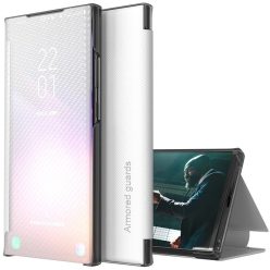   Samsung Galaxy A22 4G SM-A225F, Oldalra nyíló tok, stand, hívás mutatóval, kevlár minta, Wooze Smart View Cover Carbon, fehér