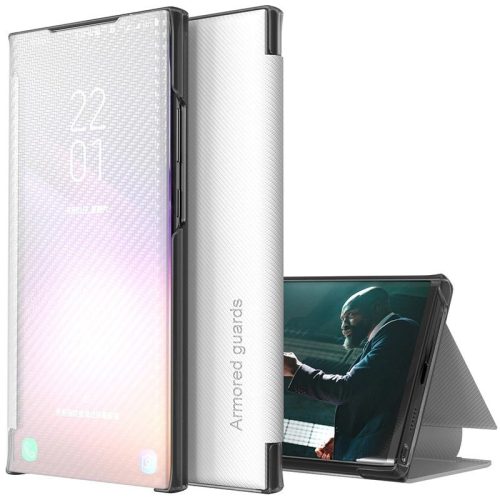 Samsung Galaxy A22 4G SM-A225F, Oldalra nyíló tok, stand, hívás mutatóval, kevlár minta, Wooze Smart View Cover Carbon, fehér