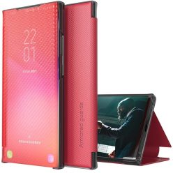   Samsung Galaxy A42 5G SM-A426B, Oldalra nyíló tok, stand, hívás mutatóval, kevlár minta, Wooze Smart View Cover Carbon, piros