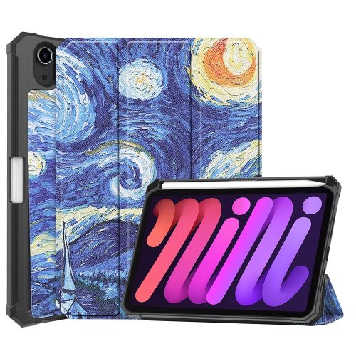 Apple iPad Mini (2021) (8.3), mappa tok, Apple Pencil tartóval, csillagos éj minta, Smart Case, Wooze New Style Trifold Case, kék/színes