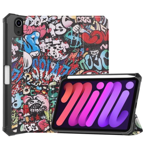 Apple iPad Mini (2021) (8.3), mappa tok, Apple Pencil tartóval, graffiti minta, Smart Case, Wooze New Style Trifold Case, színes