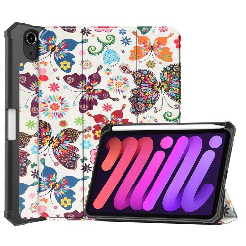 Apple iPad Mini (2021) (8.3), mappa tok, Apple Pencil tartóval, kis pillangó minta, Smart Case, Wooze New Style Trifold Case, fehér/színes