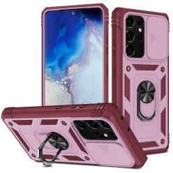   Apple iPhone XS Max, Műanyag hátlap védőtok és előlapi keret, szilikon belső, közepesen ütésálló, kamera védelem, telefontartó gyűrű, Wooze Military Armor, piros/rózsaszín