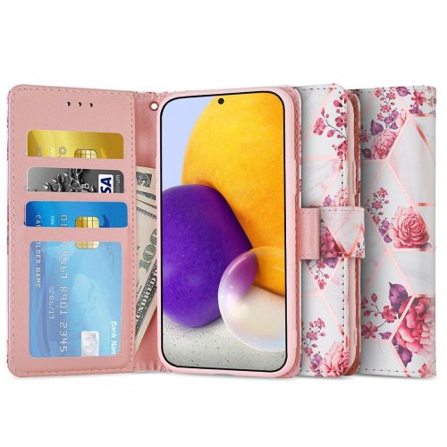 Samsung Galaxy A13 4G SM-A135F, Oldalra nyíló tok, stand, mágnes csattal, rózsa minta, TP Wallett Floral Rose, fehér/színes