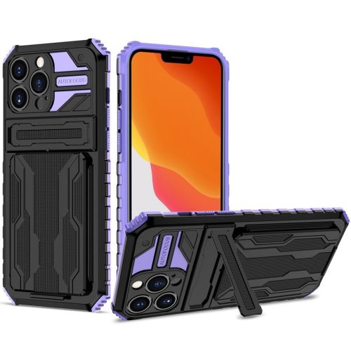 Apple iPhone XR, Műanyag hátlap védőtok szilikon belső, közepesen ütésálló, kitámasztóval, kártyatartóval, Wooze Transformer, fekete/lila