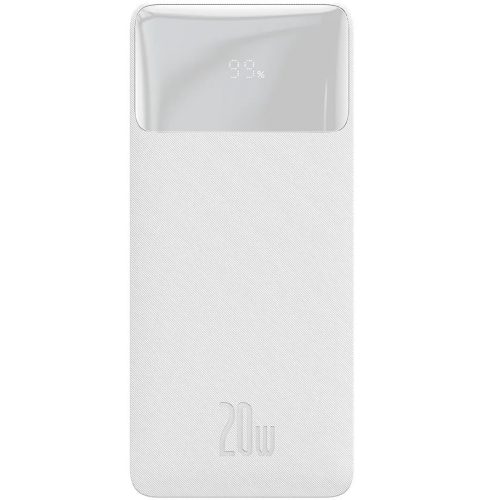 Külső akkumulátor, 20000 mAh, 20W, Okostelefonhoz és TabletPC-hez, 2 x USB aljzat, 1 x USB Type-C aljzat, USB - microUSB kábellel, LED kijelzővel, gyorstöltés, Baseus Bipow, PPBD050302, fehér