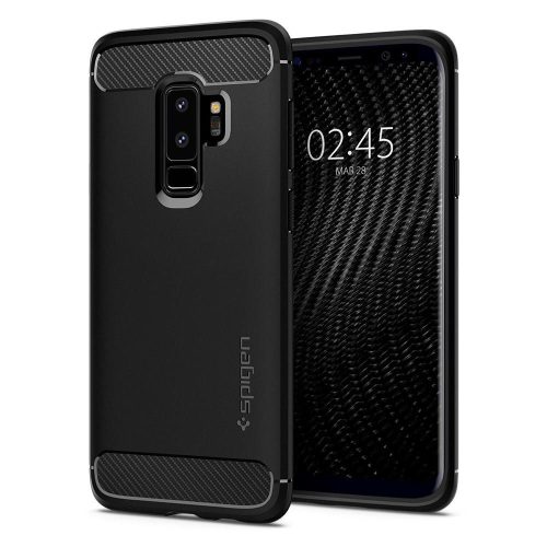 Samsung Galaxy S10 SM-G973, TPU szilikon tok, Spigen Rugged Armor, karbon minta, fekete