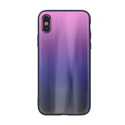   Samsung Galaxy M10 SM-M105F, TPU szilikon védőkeret, edzett üveg hátlap, Aurora Glass, pink/fekete