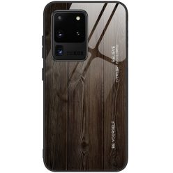   Xiaomi Redmi 7A, Szilikon védőkeret, edzett üveg hátlap, fa minta, Wooze Wood, sötétbarna