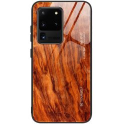   Xiaomi Redmi 7A, Szilikon védőkeret, edzett üveg hátlap, fa minta, Wooze Wood, rozsdabarna