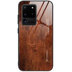   Xiaomi Redmi 7A, Szilikon védőkeret, edzett üveg hátlap, fa minta, Wooze Wood, barna