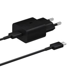   Hálózati töltő adapter, 15W, USB Type-C aljzat, USB Type-C kábellel, PD, gyorstöltés, Samsung, fekete, gyári