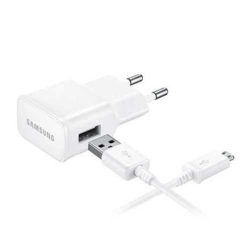 Hálózati töltő adapter, 5V / 2000mA, USB aljzat, microUSB kábellel, gyorstöltés, Samsung, fehér, gyári