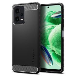   Xiaomi Redmi Note 12 5G / Poco X5 5G, Szilikon tok, Spigen Rugged Armor, karbon minta, fekete