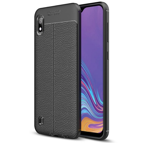 Samsung Galaxy A10 SM-A105F, TPU szilikon tok, bőrhatású, varrásminta, fekete