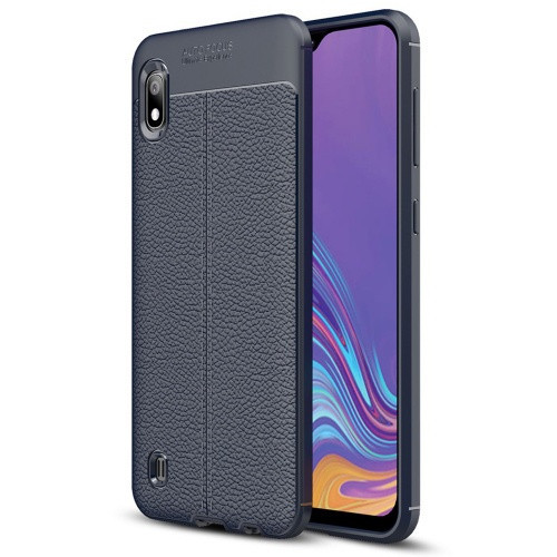 Samsung Galaxy A10 SM-A105F, TPU szilikon tok, bőrhatású, varrásminta, sötétkék