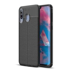   Samsung Galaxy M30 SM-M305F, TPU szilikon tok, bőrhatású, varrásminta, fekete