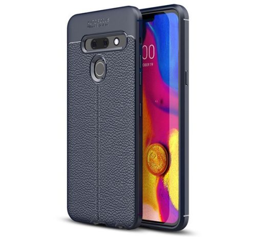 LG G8 ThinQ G820Q, TPU szilikon tok, bőrhatású, varrásminta, sötétkék