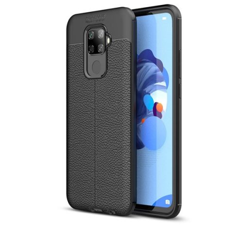 Huawei Mate 30 Lite, Szilikon tok, bőrhatású, varrásminta, fekete