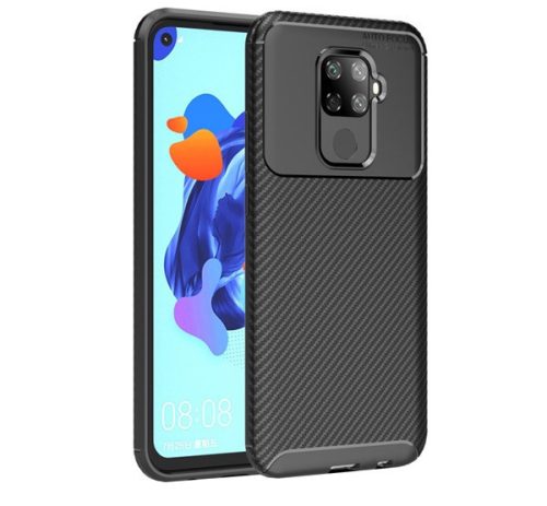 Huawei Mate 30 Lite, Szilikon tok, közepesen ütésálló, légpárnás sarok, karbon minta, fekete