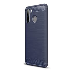   Samsung Galaxy A21 SM-A210F, Szilikon tok, közepesen ütésálló, szálcsiszolt, karbon minta, sötétkék