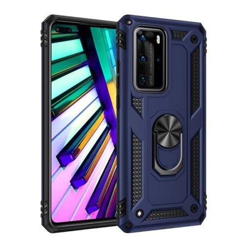 Huawei P40 Pro, Műanyag hátlap védőtok, közepesen ütésálló, szilikon belső, telefontartó gyűrű, Defender, sötétkék