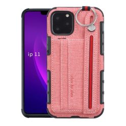   Apple iPhone 11 Pro, Szilikon tok, közepesen ütésálló, stand, textil hátlap, felakasztható, kézpánttal, rózsaszín