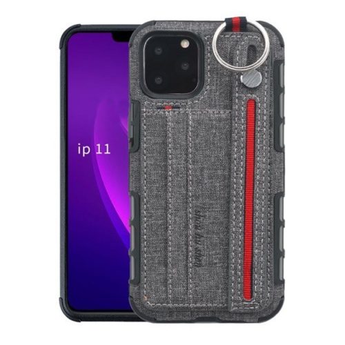 Apple iPhone 11 Pro Max, Szilikon tok, közepesen ütésálló, stand, textil hátlap, felakasztható, kézpánttal, szürke