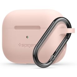   Bluetooth fülhallgató töltőtok tartó, szilikon, vezeték nélküli töltés támogatás, karabiner, Apple AirPods Pro kompatibilis, Spigen Silicone Fit, rózsaszín