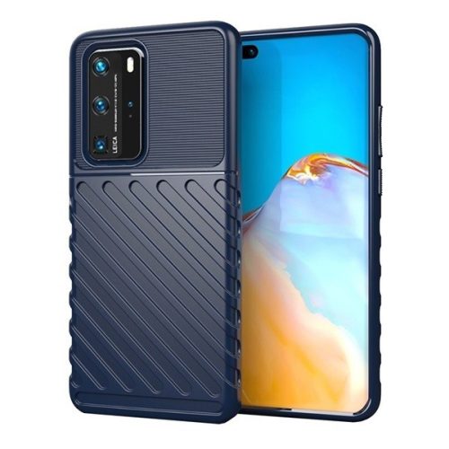 Huawei P40 Pro, Szilikon tok, közepesen ütésálló, domború csíkos minta, sötétkék