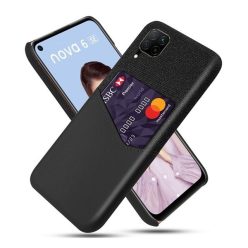   Huawei P40 Lite, Műanyag hátlap védőtok, közepesen ütésálló, textil bevonat, bőrhatású hátlap, kártyatartóval, fekete