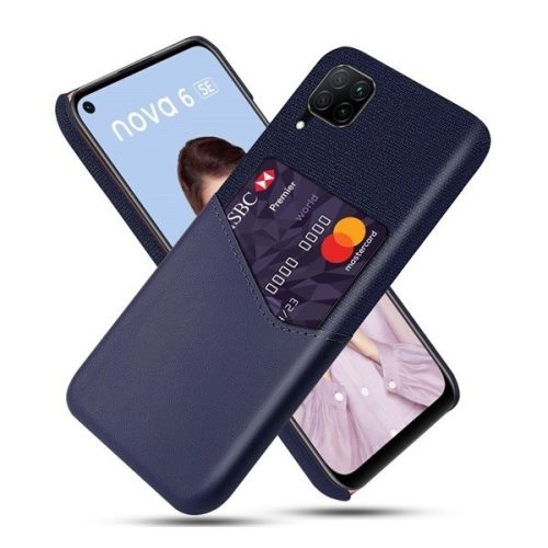 Huawei P40 Lite, Műanyag hátlap védőtok, közepesen ütésálló, textil bevonat, bőrhatású hátlap, kártyatartóval, sötétkék