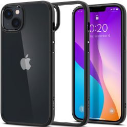   Apple iPhone 14, Szilikon tok + műanyag keret, közepesen ütésálló, Spigen Crystal Hybrid, átlátszó/fekete