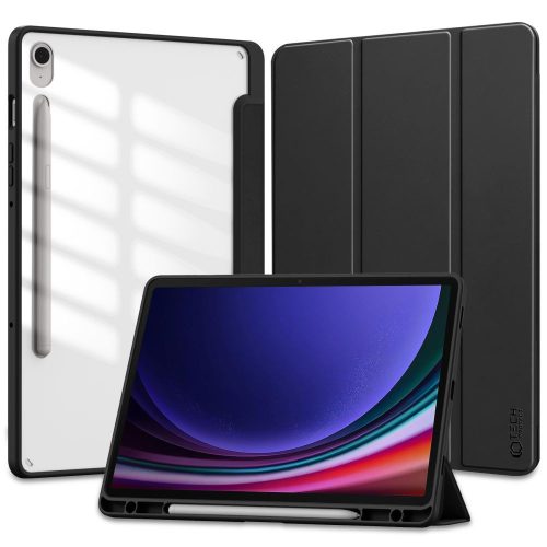 Samsung Galaxy Tab S9 FE (10.9) SM-X510 / X516B, mappa tok, közepesen ütésálló, érintőceruza tartóval, átlátszó hátlap, Trifold, TP SC Pen Hybrid, fekete